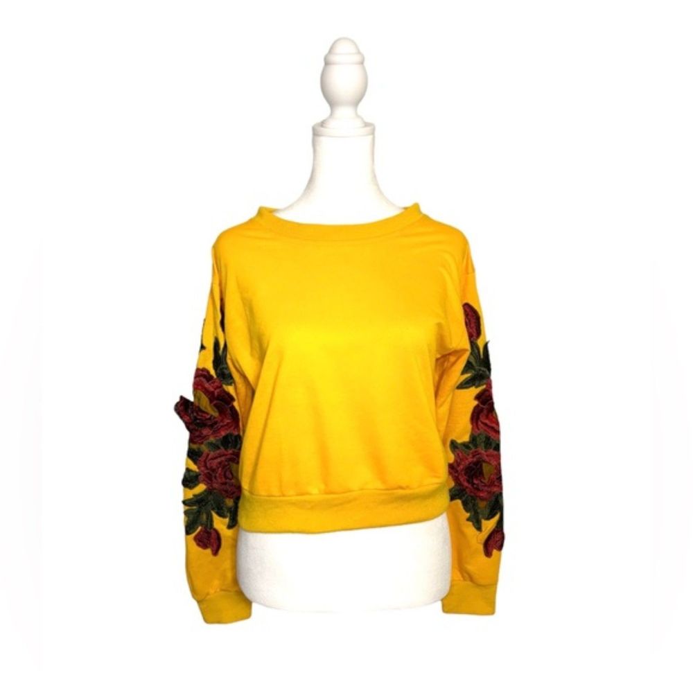 Rose Embroidery Sleeve Patchwork Appliqué Floral Pullover Yellow Sweatshirt